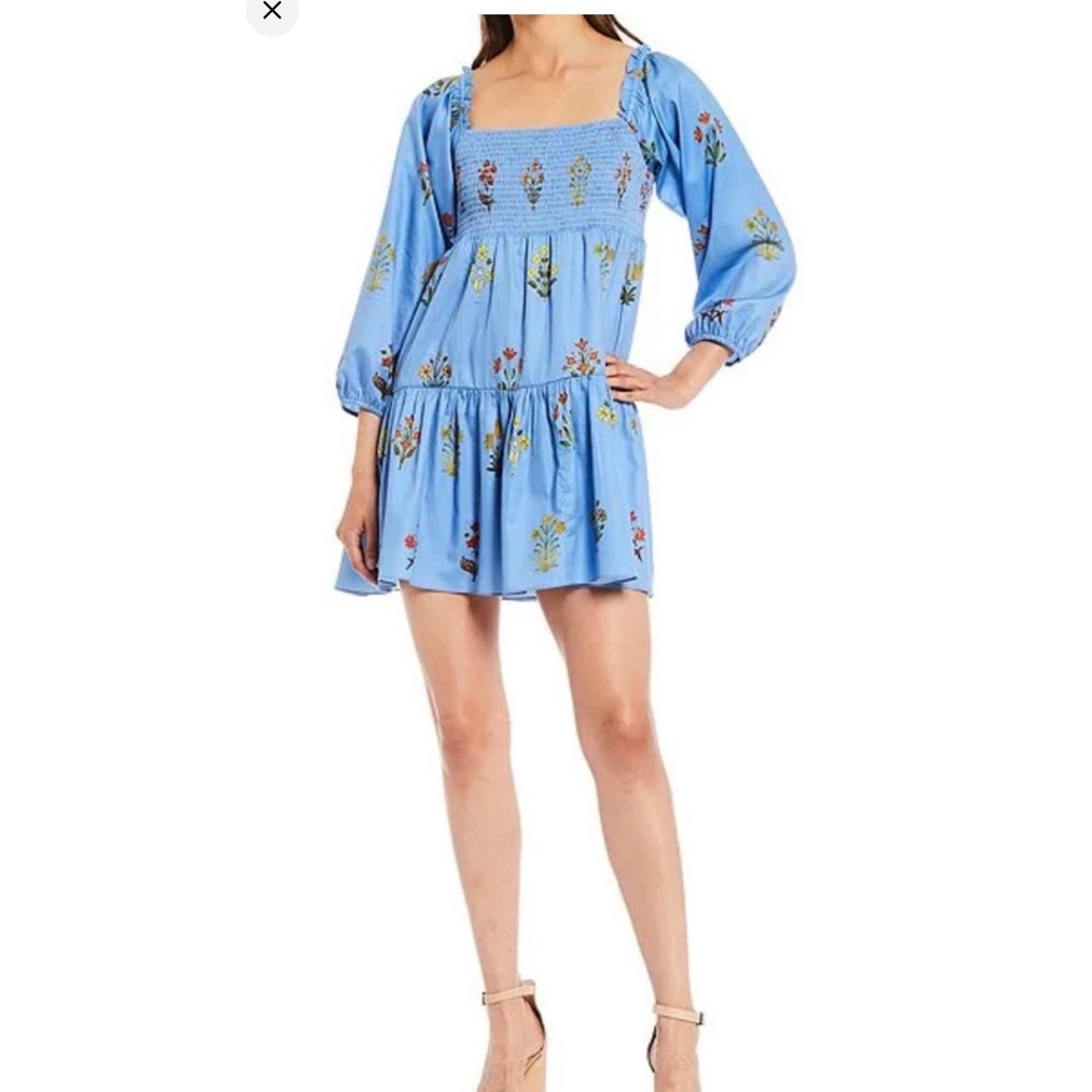 Sachin & Babi x Dillards Blue Floral Smocked Tiered Mini Dress Sz 14 Long Sleeve